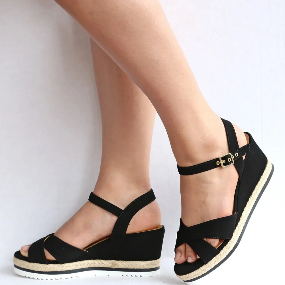 Black Espadrille Wedge Sandals with Ankle Strap